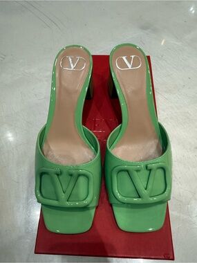 Valentino Garavani Lime Green Patent VLOGO Mule Heels